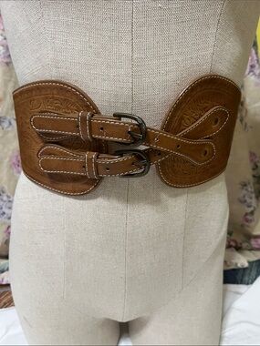 Wide Tan Embossed Double-Buckle Waist Belt